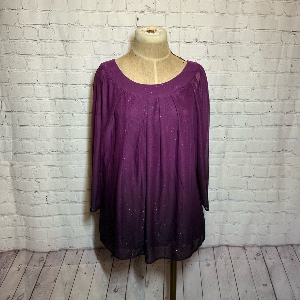 Sara‎ Michelle Womens 1X Purple Ombre Glitter Blouse Sheer Pleated Keyhole Tunic